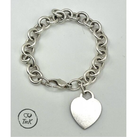Tiffany & Co. Blank Heart Tag Charm Bracelet 8" Sterling Silver Round Link - Picture 11 of 14